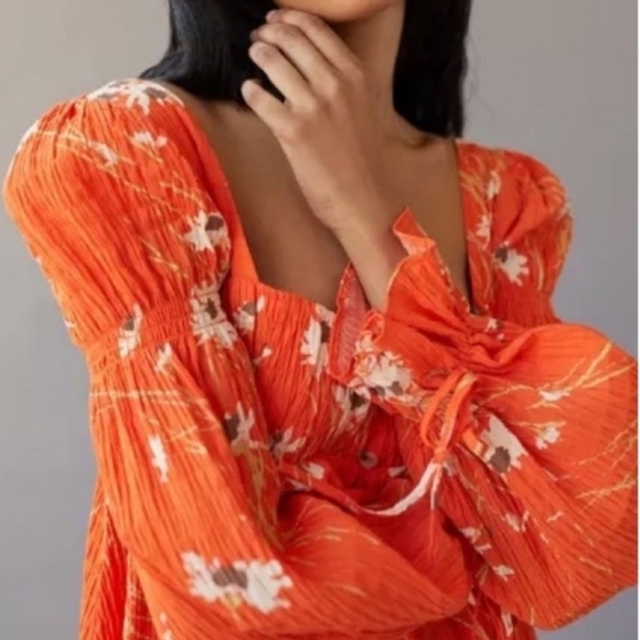 Urban Outfitters New Allie Orange Floral Tie Sleeve Blouse Shirt Womens SZ XS - Picture 3 of 13